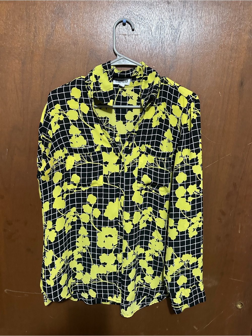 Express Black Button-Down Shirt with Yellow Floral Grid Print